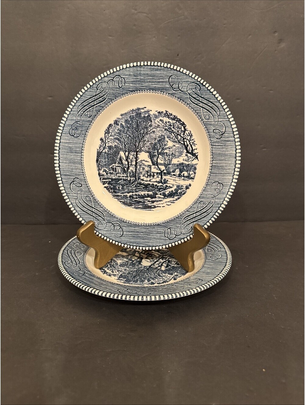 Vtg (2) Currier & Ives "The Old Grist Mill" Blue and White Lunch Plates 9 1/4" W